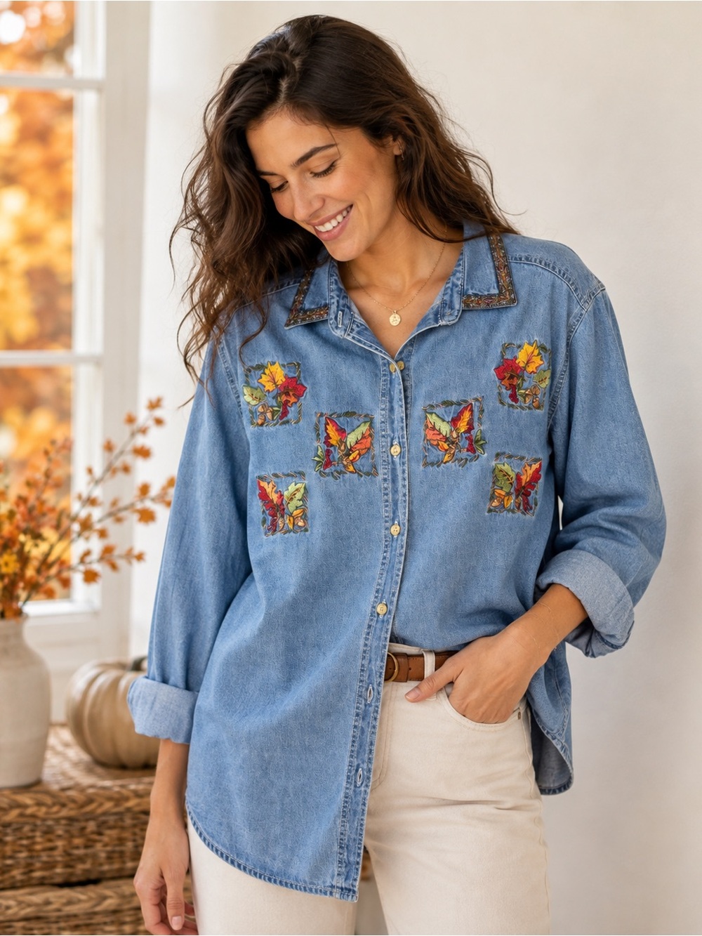 Vintage Bobbie Brooks Denim Button Up Fall Embroidery Shacket Grandmacore L